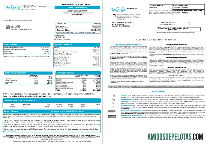 Declaração de empréstimo hipotecário dos EUA Texas Nationstar Mortgage LLC, 8 páginas Scr exemplo
